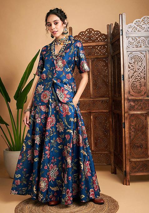 Blue Printed Poly Silk Skirt Set