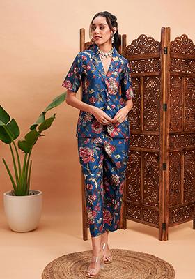 Blue Floral Print Silk Co Ord Set