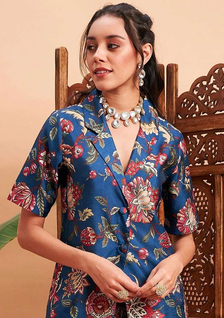 Blue Floral Print Silk Blend Co Ord Set - Indya