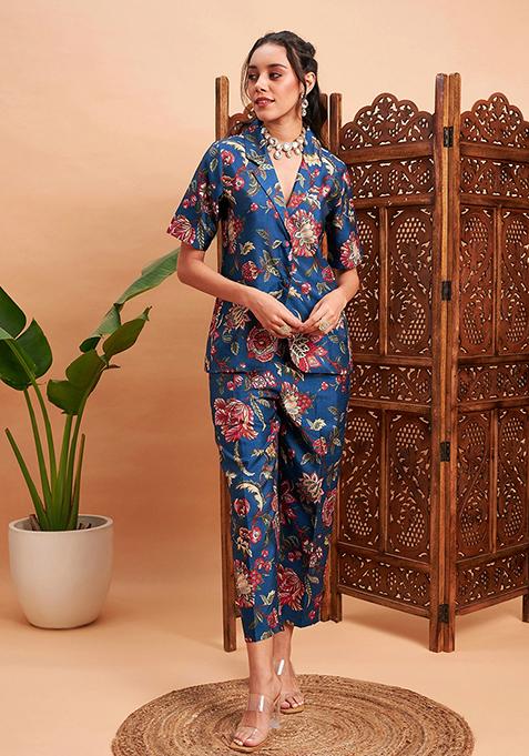 Blue Printed Poly Silk Co-Ord Set