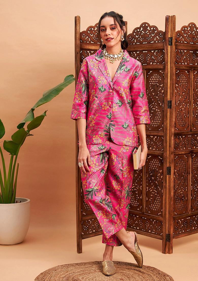 Pink Floral Print Silk Co Ord Set - Indya