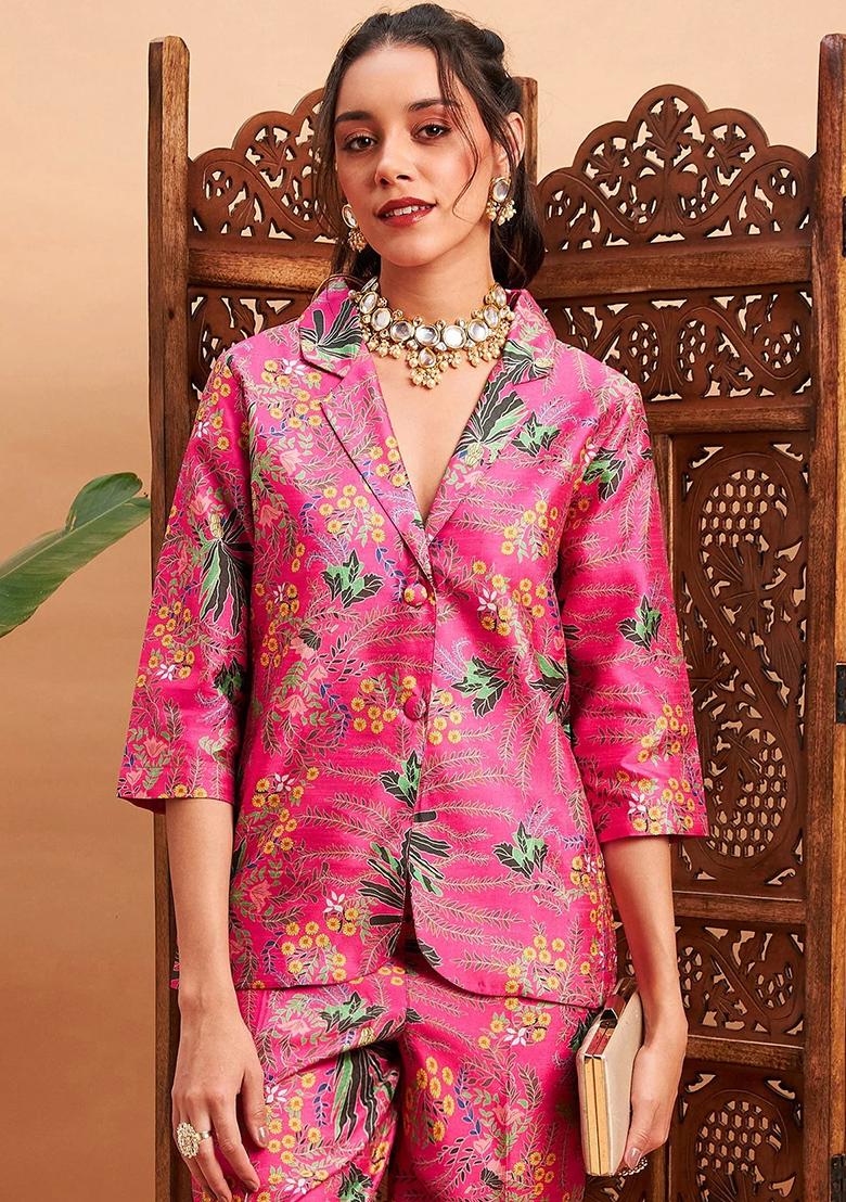 Pink Floral Print Silk Co Ord Set - Indya