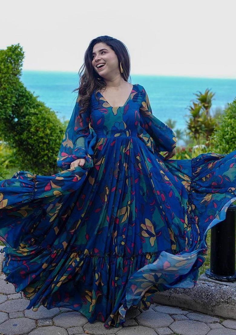 Navy Blue Embroidered Georgette Gown