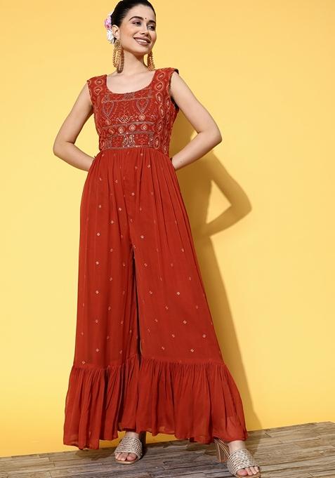 Rust Zari Sequin Embroidered Georgette Jumpsuit