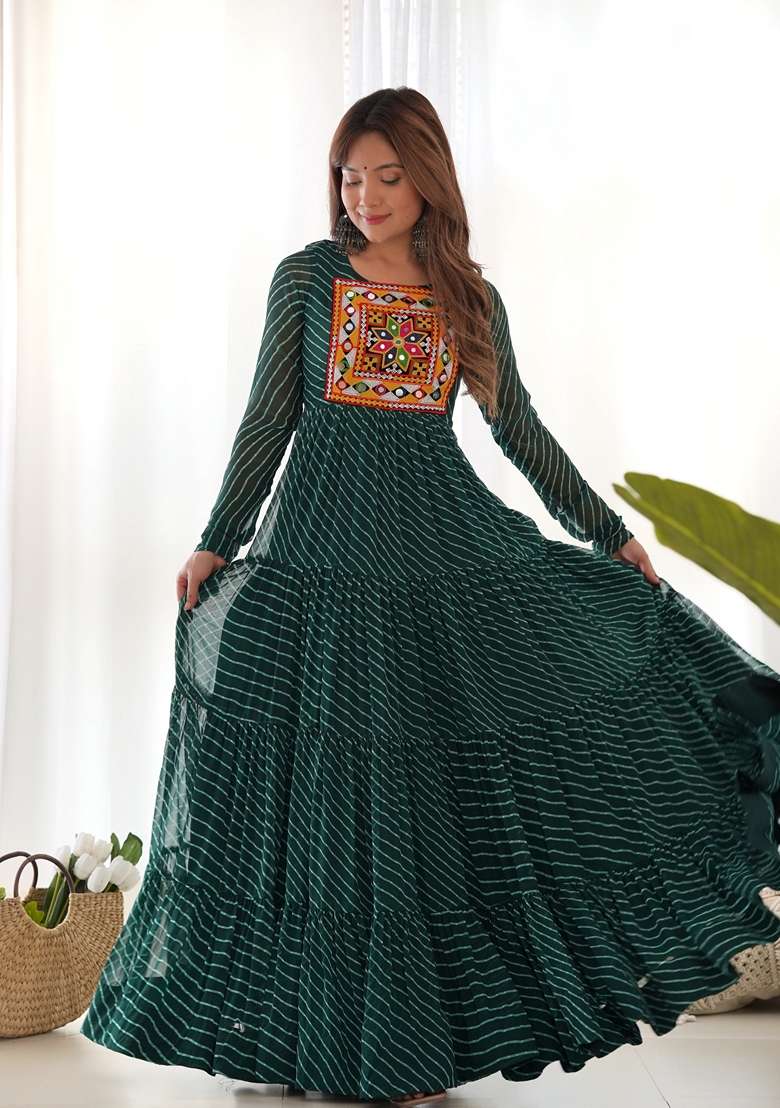 Green Striped Georgette Gown - Indya