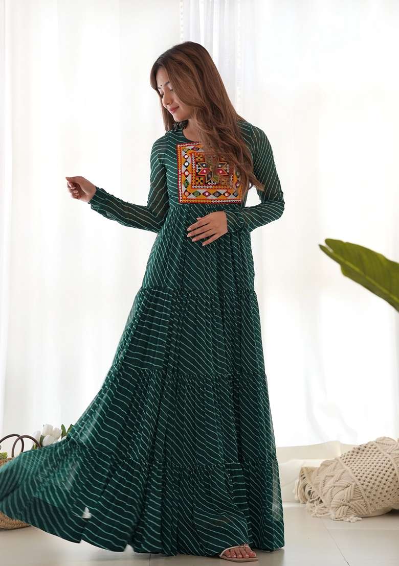Green Striped Georgette Gown - Indya