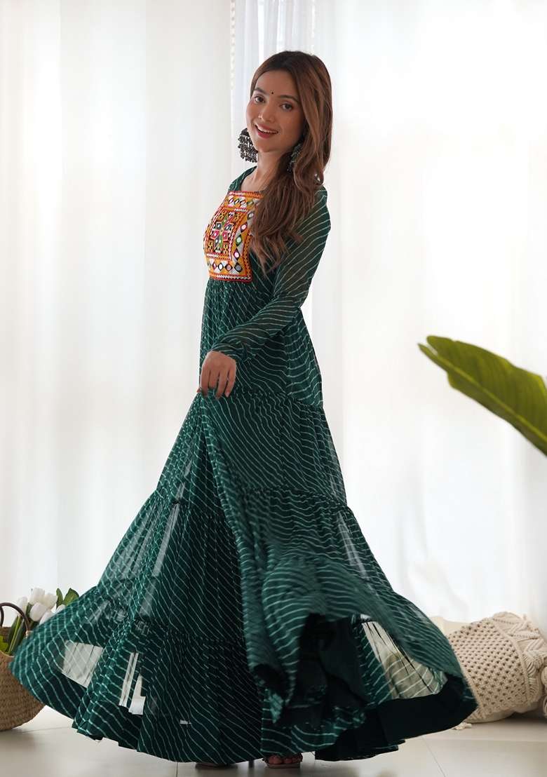 Green Striped Georgette Gown - Indya