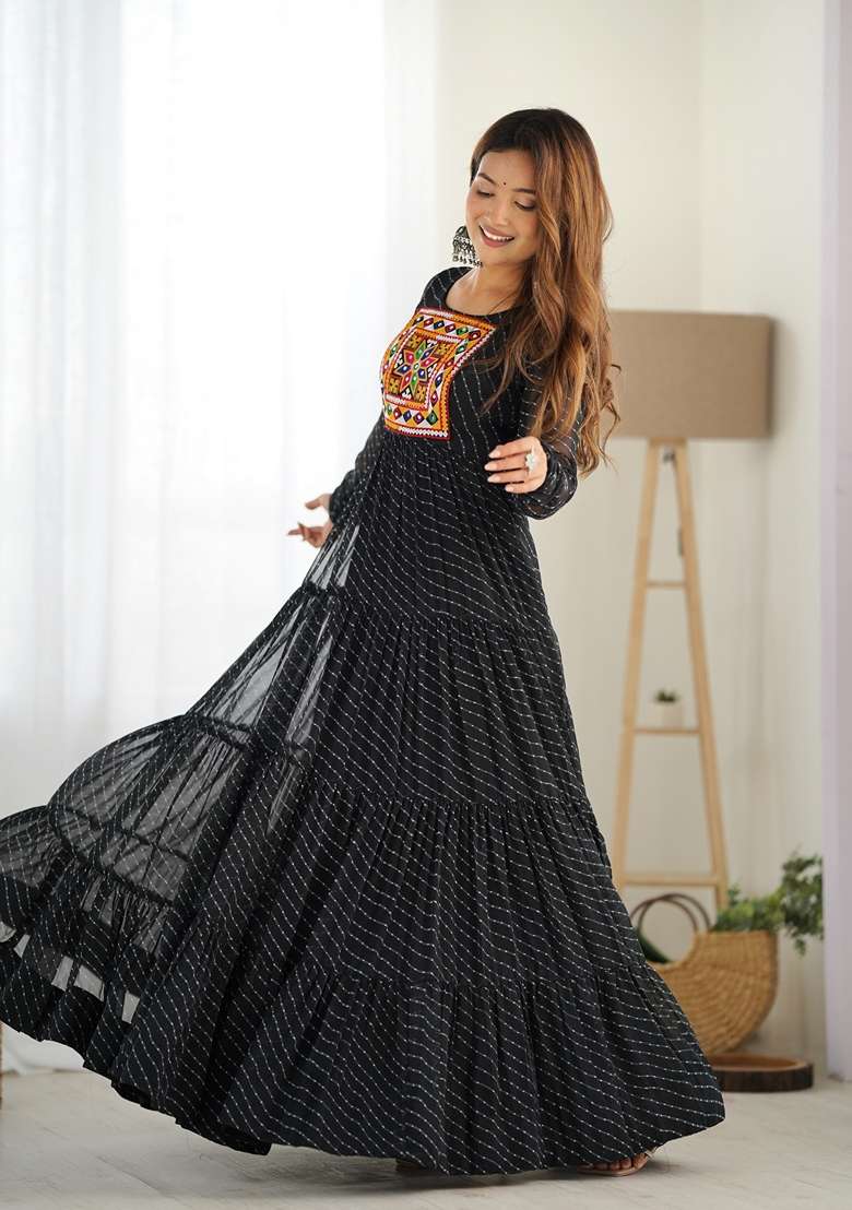 Black Embroidered Georgette Anarkali - Indya