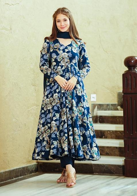 Blue Digital Print Muslin Anarkali Set