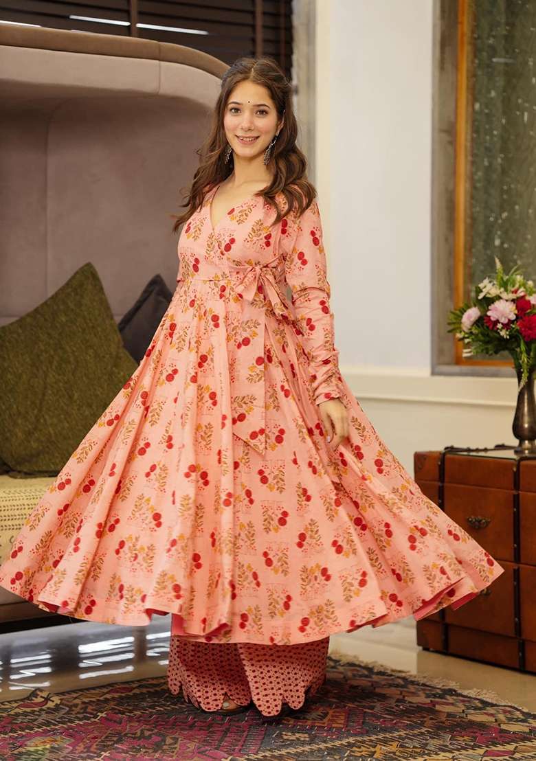 Peach Floral Print Muslin Anarkali Set - Indya