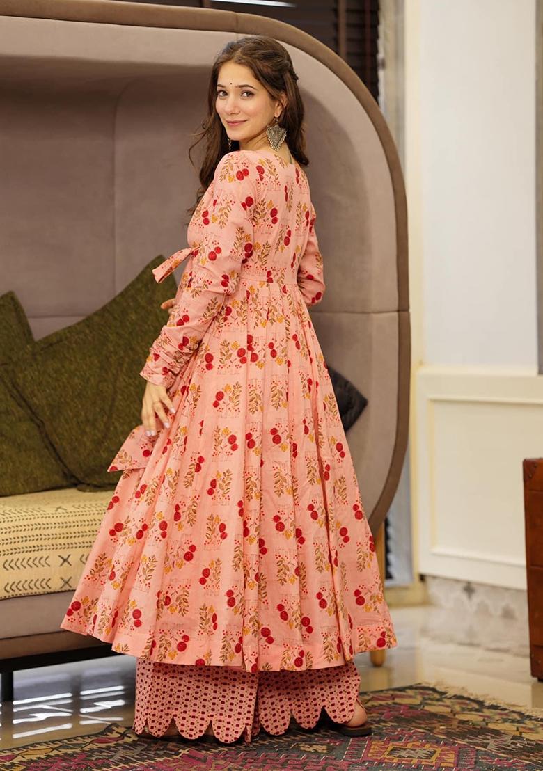 Peach And Orange Digital Print Muslin Anarkali Set