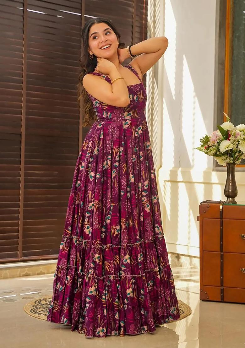 Wine Digital Print Rayon Gown
