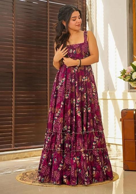 Wine Digital Print Rayon Gown