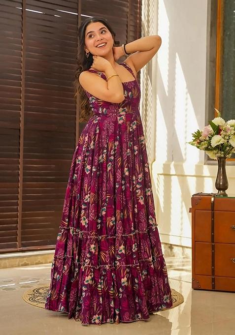 Wine Digital Print Rayon Gown