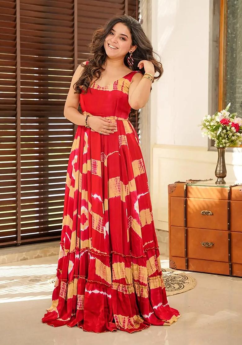 Red Digital Print Rayon Gown