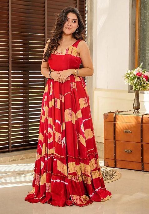 Red Digital Print Rayon Gown