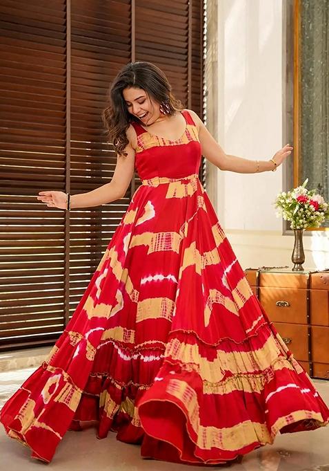 Red Digital Print Rayon Gown