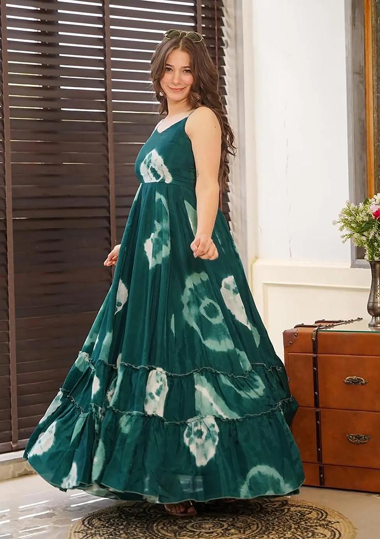 Jade Blue Digital Print Rayon Gown