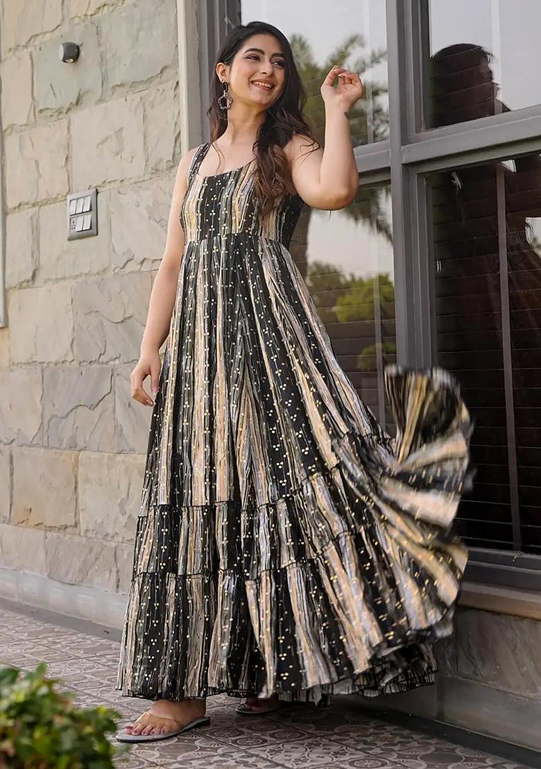 Grey Digital Print Rayon Gown