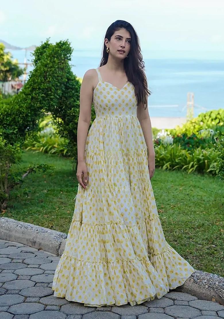 White And Golden Digital Print Rayon Gown