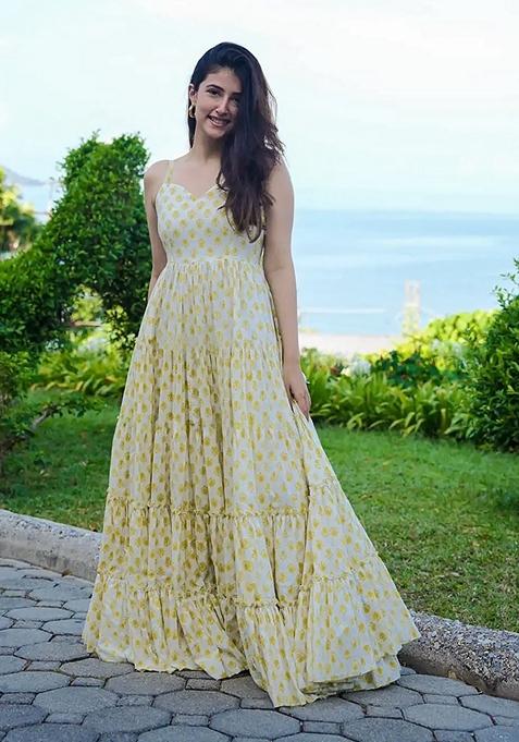 White And Golden Digital Print Rayon Gown