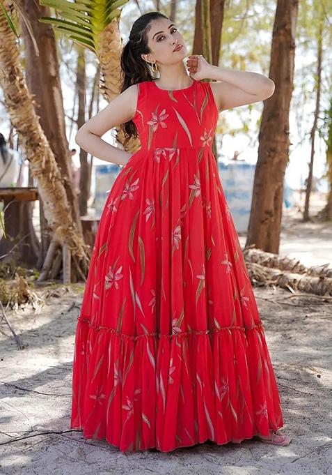 Red Digital Print Faux Georgette Gown