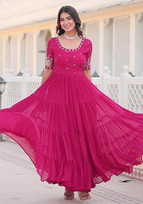 Pink Zari Sequin Embroidered Faux Georgette Gown