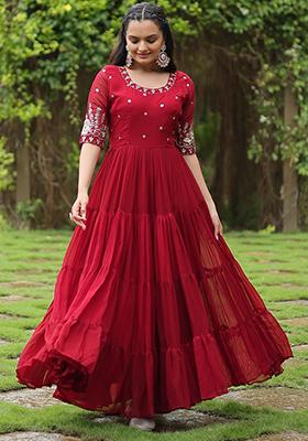 Maroon Zari Sequin Embroidered Faux Georgette Gown