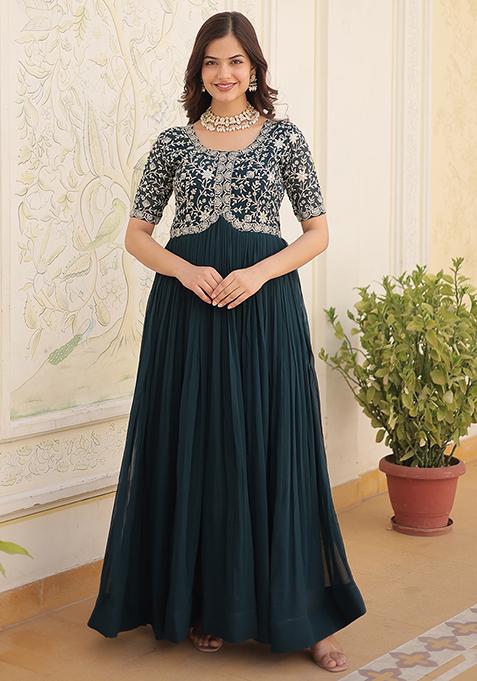 Rama Blue Zari Sequin Embroidered Faux Georgette Gown