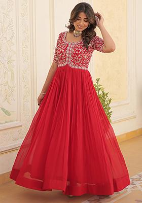 Red Zari Sequin Embroidered Faux Georgette Gown