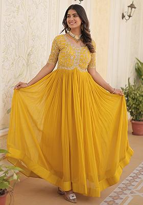 Yellow Zari Sequin Embroidered Faux Georgette Gown