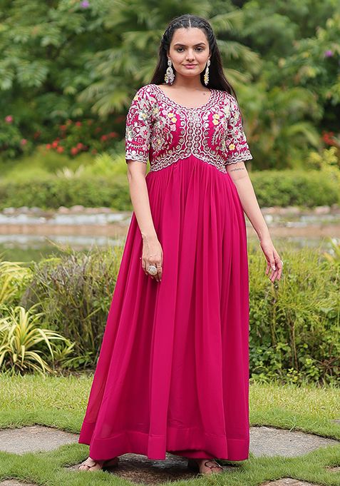 Pink Zari Sequin Embroidered Faux Georgette Kurta