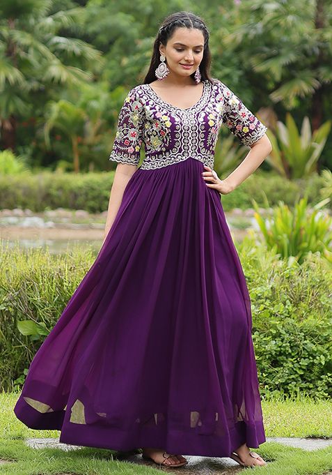 Purple Zari Sequin Embroidered Faux Georgette Kurta