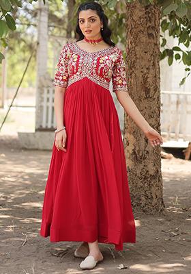 Red Zari Sequin Embroidered Faux Georgette Kurta