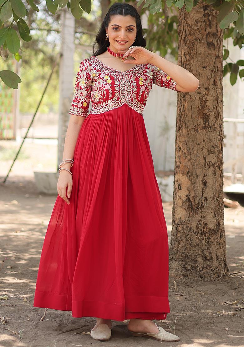 Red Zari Sequin Embroidered Faux Georgette Kurta