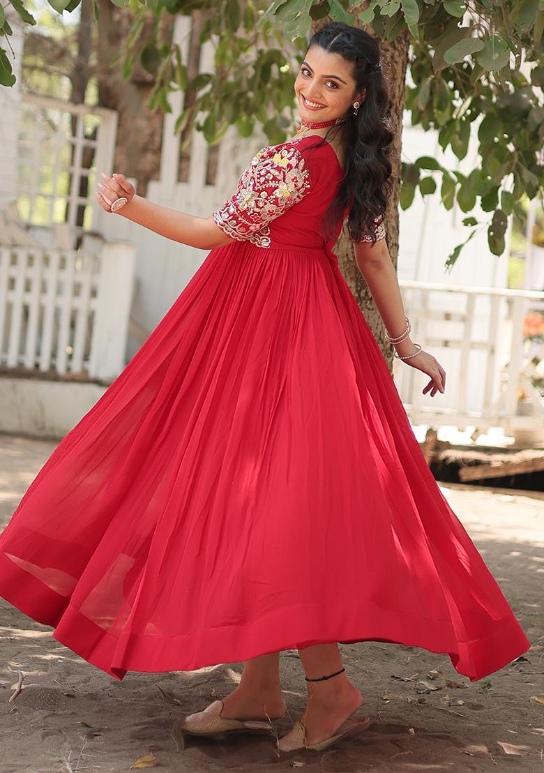 Red Zari Sequin Embroidered Faux Georgette Kurta