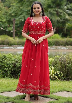 Red Zari Sequin Embroidered Faux Georgette Kurta