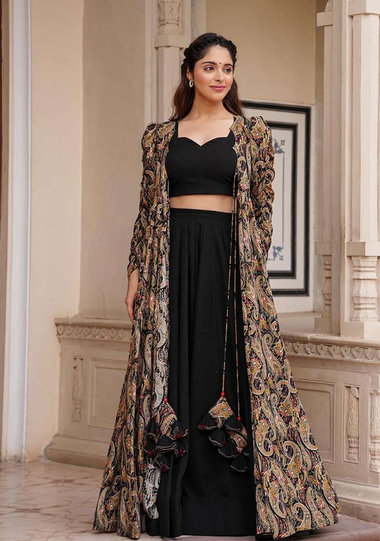 Black Digital Print Faux Georgette Jacket Set for Diwali and Festive Wear - Indya
