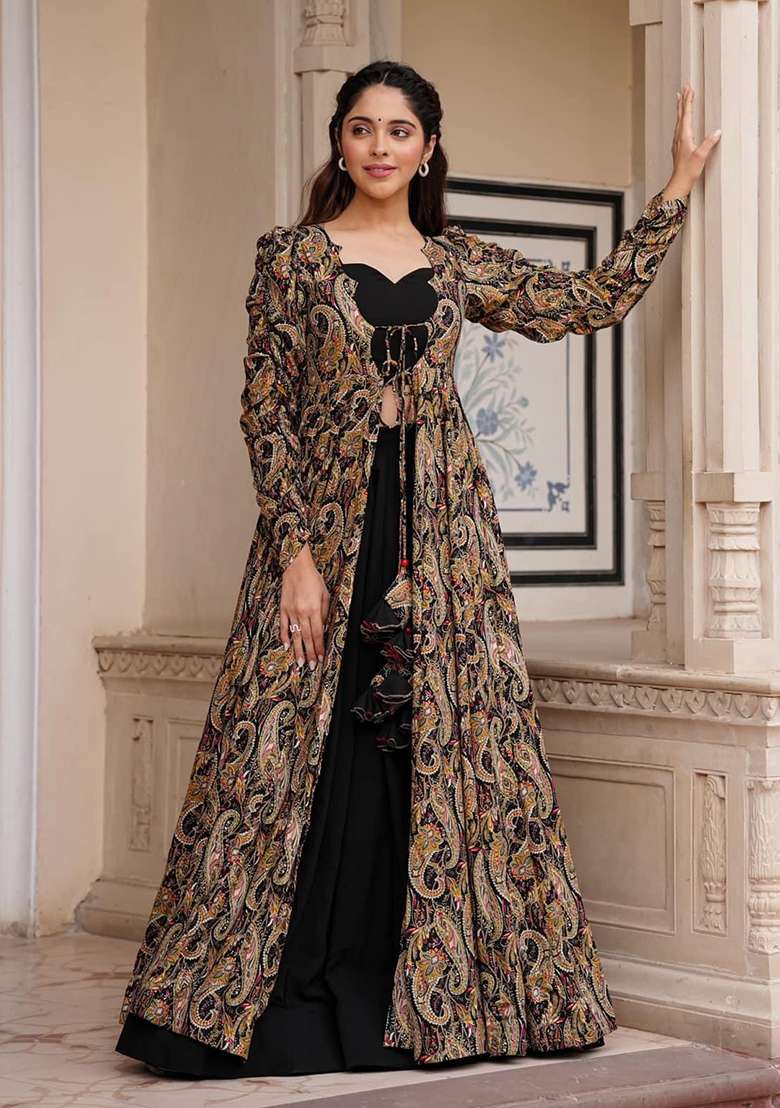 Black Digital Print Faux Georgette Jacket Set for Diwali and Festive Wear - Indya