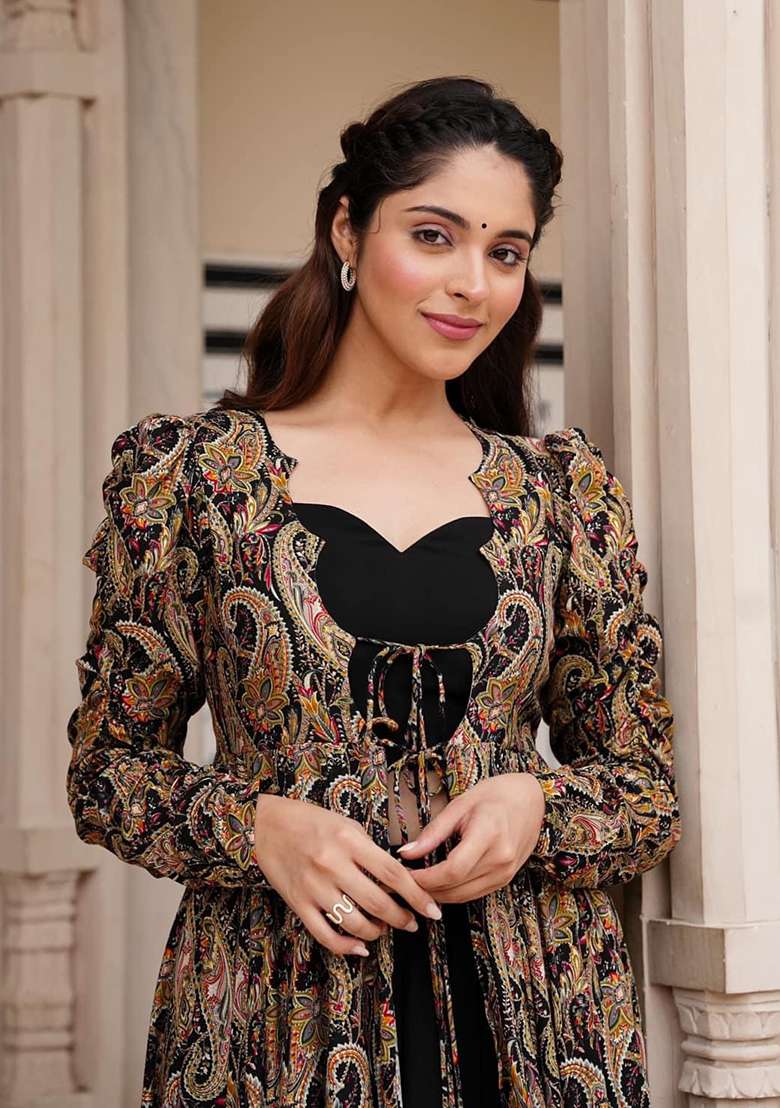 Black Digital Print Faux Georgette Jacket Set for Diwali and Festive Wear - Indya