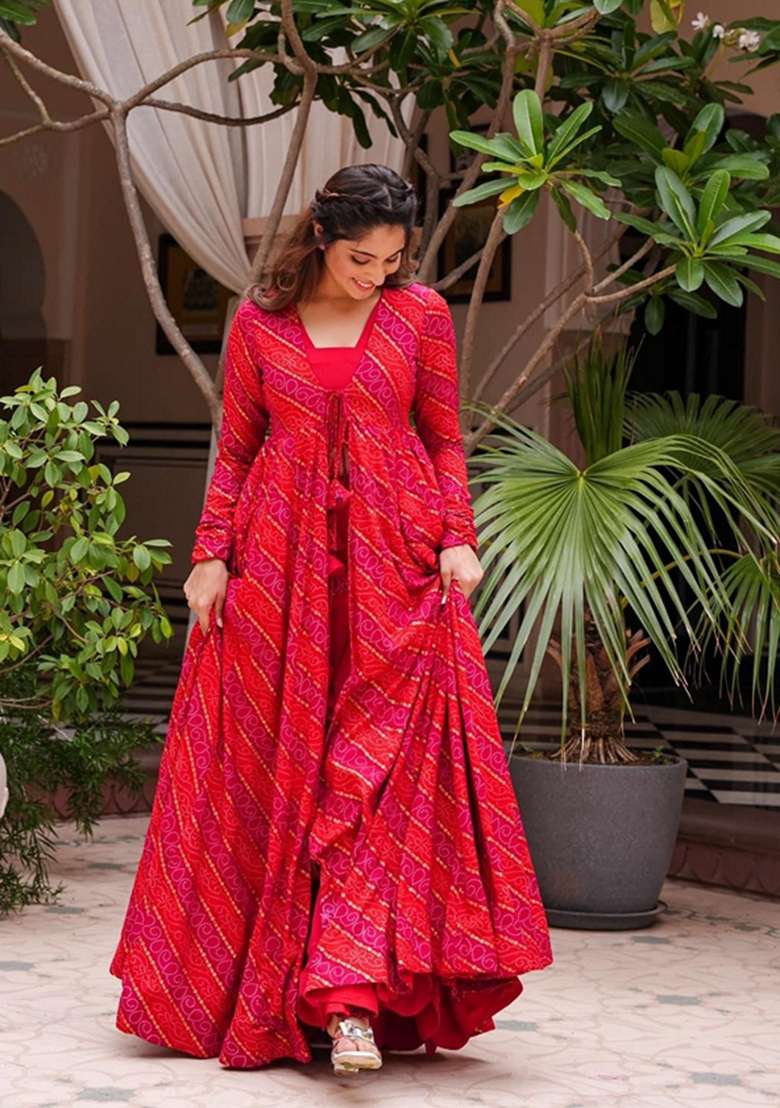 Pink Digital Print Faux Georgette Jacket Set for Diwali and Festive Wear - Indya