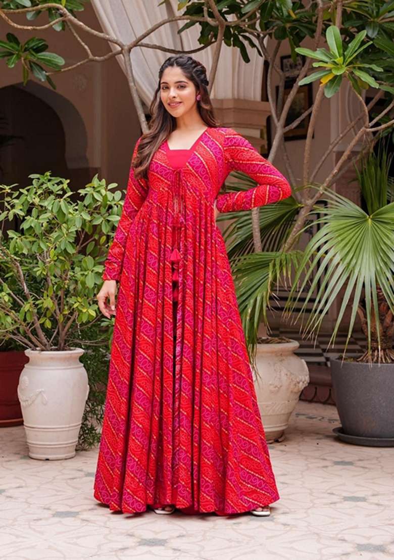 Pink Digital Print Faux Georgette Jacket Set for Diwali and Festive Wear - Indya