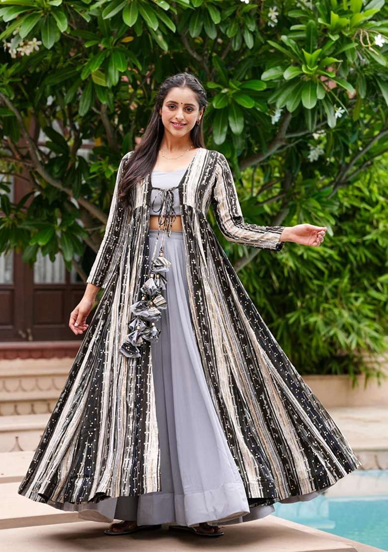 Grey Faux Georgette Jacket Set with Digital Print for Diwali | Wedding & Festive Wear - Indya