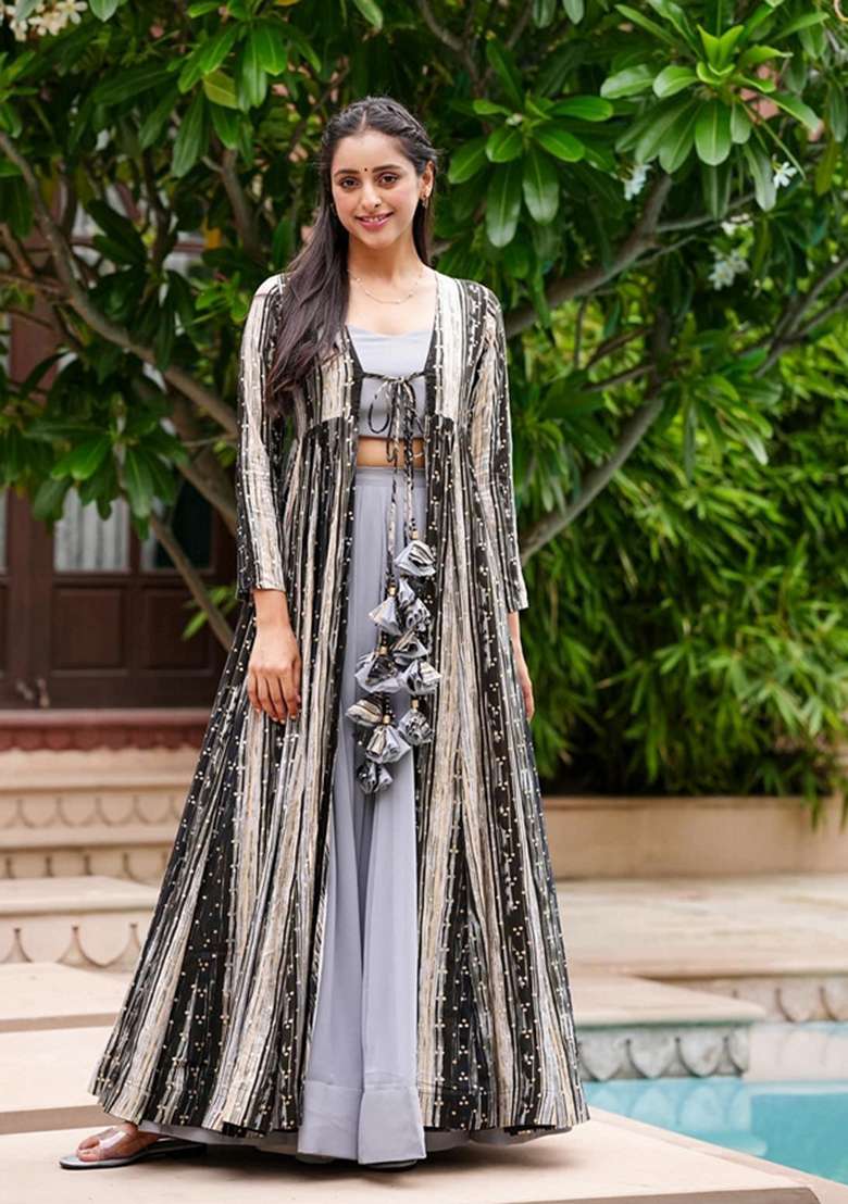 Grey Faux Georgette Jacket Set with Digital Print for Diwali | Wedding & Festive Wear - Indya