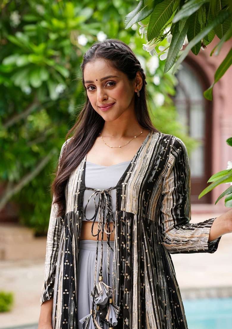 Grey Faux Georgette Jacket Set with Digital Print for Diwali | Wedding & Festive Wear - Indya