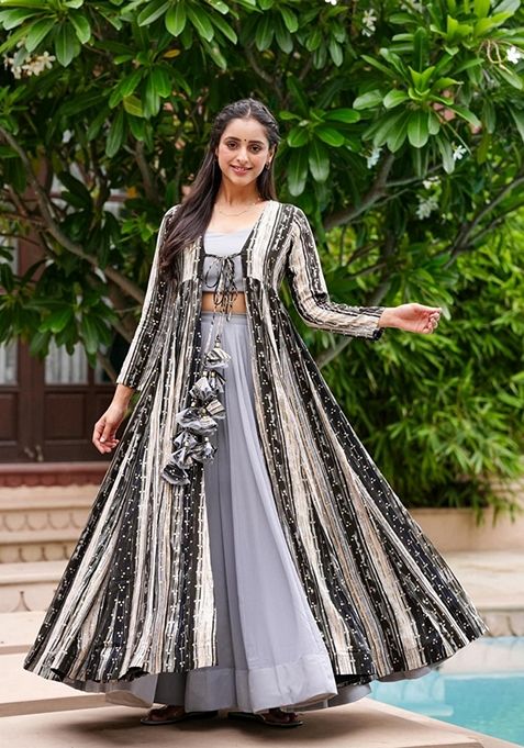 Grey Digital Print Faux Georgette Jacket Set