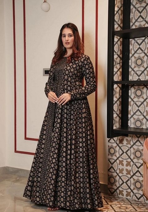 Black Digital Print Muslin Anarkali Kurta With Jacket