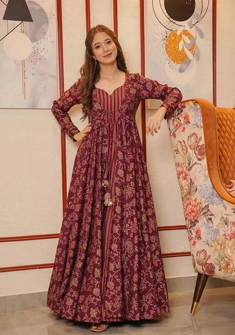Maroon Digital Print Muslin Anarkali Kurta With Jacket