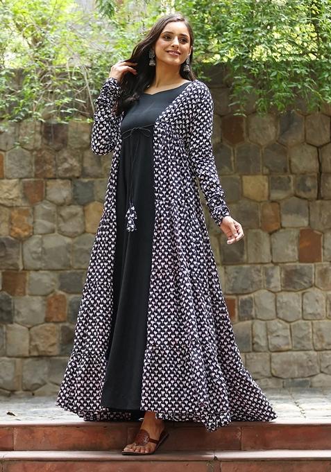 Black Digital Print Georgette Anarkali Kurta With Jacket
