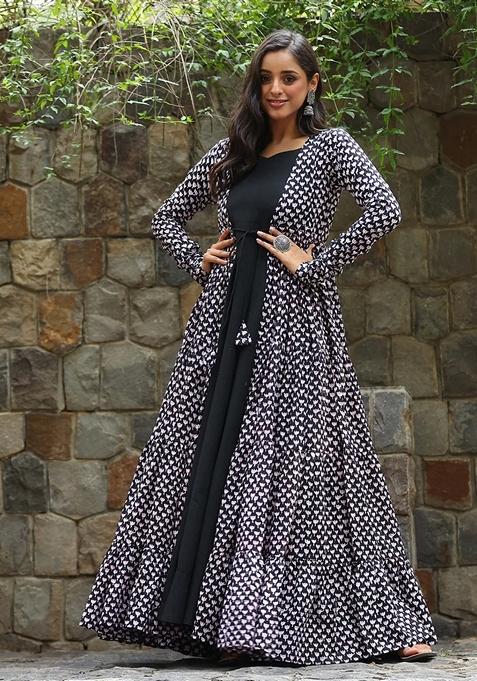 Black Digital Print Georgette Anarkali Kurta With Jacket